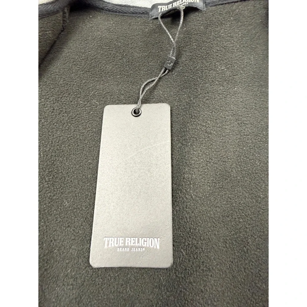 NWT True Religion Men M Varsity Fleece Hood Jacket‎ Black Gray Horseshoe Snap